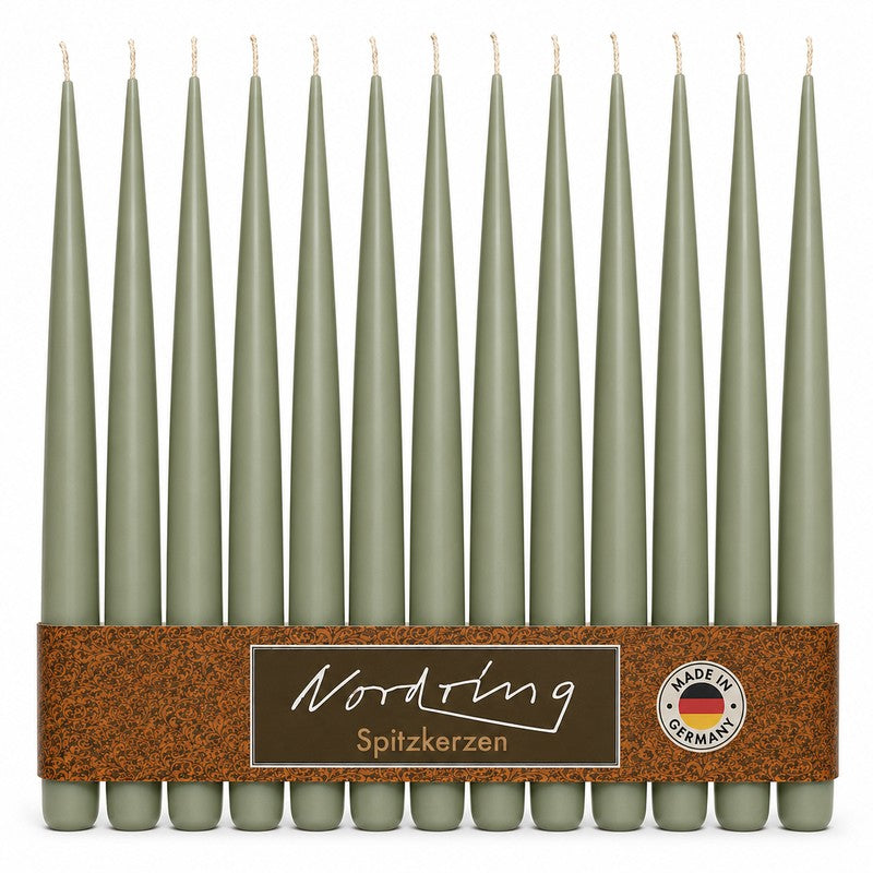 Nordring 12 Stück Spitzkerzen, Moosgrün, Höhe 25 cm ø 23 mm
